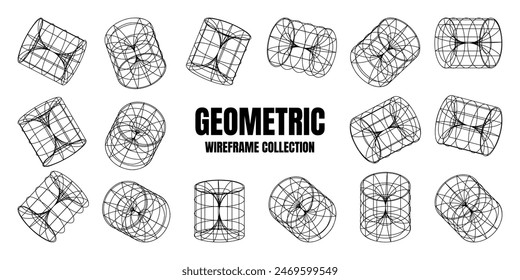 Wireframe lined shapes. Perspective mesh, 3d grid. Low poly geometric elements. Retro futuristic design elements, y2k, vaporwave and synthwave style. Vector illustration