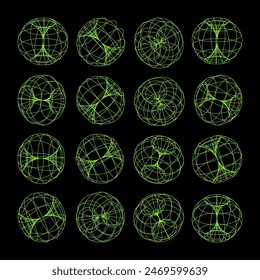 Wireframe lined shapes. Perspective mesh, 3d grid. Low poly geometric elements. Retro futuristic design elements, y2k, vaporwave and synthwave style. Vector illustration