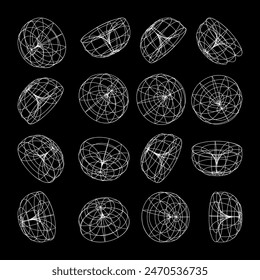Wireframe lined shapes. Perspective mesh, 3d grid. Low poly geometric elements. Retro futuristic design elements, y2k, vaporwave and synthwave style. Vector illustration.