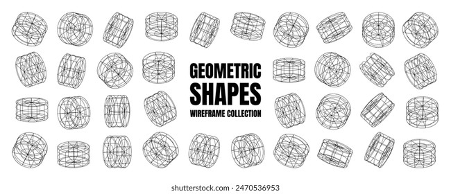 Wireframe lined shapes. Perspective mesh, 3d grid. Low poly geometric elements. Retro futuristic design elements, y2k, vaporwave and synthwave style. Vector illustration.