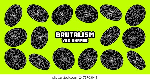 Wireframe lined shapes. Perspective mesh, 3d grid. Modern trendy low poly geometric elements. Retro futuristic design elements, y2k, vaporwave and synthwave style. Vector illustration
