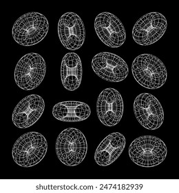 Wireframe lined shapes. Perspective mesh, 3d grid. Low poly geometric elements. Retro futuristic design elements, y2k, vaporwave and synthwave style. Vector illustration.