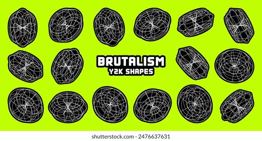 Wireframe lined shapes. Perspective mesh, 3d grid. Modern trendy low poly geometric elements. Retro futuristic design elements, y2k, vaporwave and synthwave style. Vector illustration