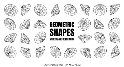 Wireframe lined shapes. Perspective mesh, 3d grid. Low poly geometric elements. Retro futuristic design elements, y2k, vaporwave and synthwave style. Vector illustration