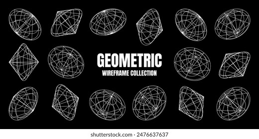 Wireframe lined shapes. Perspective mesh, 3d grid. Low poly geometric elements. Retro futuristic design elements, y2k, vaporwave and synthwave style. Vector illustration