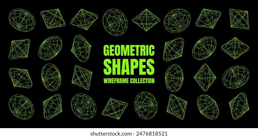 Wireframe lined shapes. Perspective mesh, 3d grid. Low poly geometric elements. Retro futuristic design elements, y2k, vaporwave and synthwave style. Vector illustration