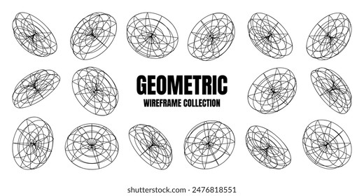 Wireframe lined shapes. Perspective mesh, 3d grid. Low poly geometric elements. Retro futuristic design elements, y2k, vaporwave and synthwave style. Vector illustration