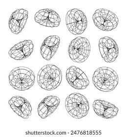 Wireframe lined shapes. Perspective mesh, 3d grid. Low poly geometric elements. Retro futuristic design elements, y2k, vaporwave and synthwave style. Vector illustration