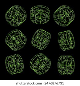 Wireframe lined shapes. Perspective mesh, 3d grid. Low poly geometric elements. Retro futuristic design elements, y2k, vaporwave and synthwave style. Vector illustration