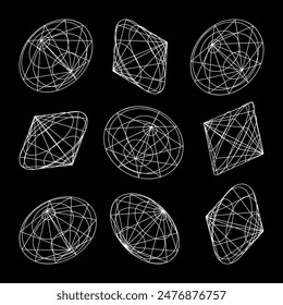 Wireframe lined shapes. Perspective mesh, 3d grid. Low poly geometric elements. Retro futuristic design elements, y2k, vaporwave and synthwave style. Vector illustration