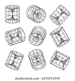 Formas forradas en alambre. malla de Perspectiva, rejilla 3d. Elementos geométricos de bajo polietileno. Elementos de diseño futuristas retro, y2k, vaporwave y synthwave estilo. Ilustración vectorial