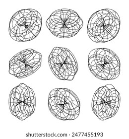 Wireframe lined shapes. Perspective mesh, 3d grid. Low poly geometric elements. Retro futuristic design elements, y2k, vaporwave and synthwave style. Vector illustration