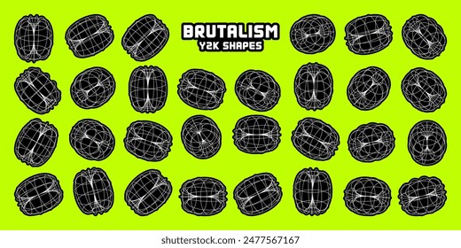 Wireframe lined shapes. Perspective mesh, 3d grid. Modern trendy low poly geometric elements. Retro futuristic design elements, y2k, vaporwave and synthwave style. Vector illustration