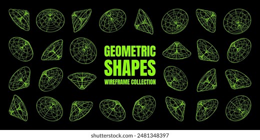 Wireframe lined shapes. Perspective mesh, 3d grid. Low poly geometric elements. Retro futuristic design elements, y2k, vaporwave and synthwave style. Vector illustration