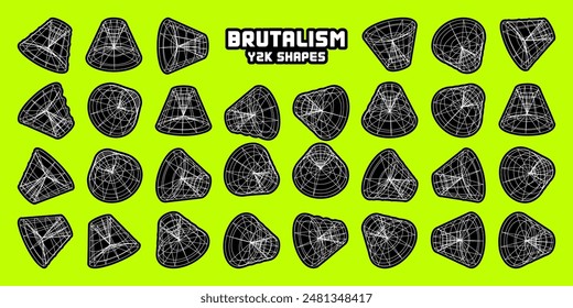 Wireframe lined shapes. Perspective mesh, 3d grid. Modern trendy low poly geometric elements. Retro futuristic design elements, y2k, vaporwave and synthwave style. Vector illustration