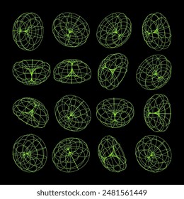 Wireframe lined shapes. Perspective mesh, 3d grid. Low poly geometric elements. Retro futuristic design elements, y2k, vaporwave and synthwave style. Vector illustration