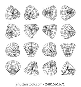 Wireframe lined shapes. Perspective mesh, 3d grid. Low poly geometric elements. Retro futuristic design elements, y2k, vaporwave and synthwave style. Vector illustration