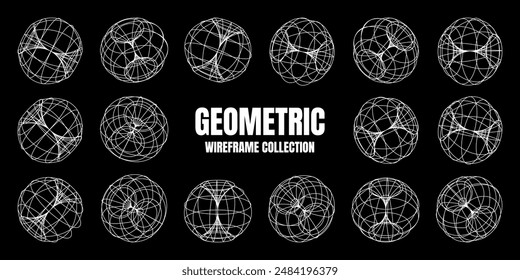 Wireframe lined shapes. Perspective mesh, 3d grid. Low poly geometric elements. Retro futuristic design elements, y2k, vaporwave and synthwave style. Vector illustration