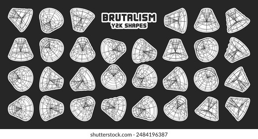 Wireframe lined shapes. Perspective mesh, 3d grid. Modern trendy low poly geometric elements. Retro futuristic design elements, y2k, vaporwave and synthwave style. Vector illustration