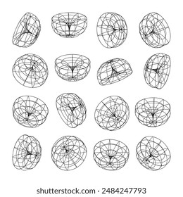 Wireframe lined shapes. Perspective mesh, 3d grid. Low poly geometric elements. Retro futuristic design elements, y2k, vaporwave and synthwave style. Vector illustration