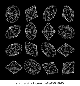 Wireframe lined shapes. Perspective mesh, 3d grid. Low poly geometric elements. Retro futuristic design elements, y2k, vaporwave and synthwave style. Vector illustration