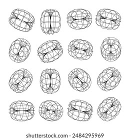 Wireframe lined shapes. Perspective mesh, 3d grid. Low poly geometric elements. Retro futuristic design elements, y2k, vaporwave and synthwave style. Vector illustration
