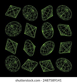 Wireframe lined shapes. Perspective mesh, 3d grid. Low poly geometric elements. Retro futuristic design elements, y2k, vaporwave and synthwave style. Vector illustration