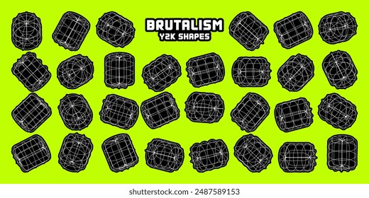 Wireframe lined shapes. Perspective mesh, 3d grid. Modern trendy low poly geometric elements. Retro futuristic design elements, y2k, vaporwave and synthwave style. Vector illustration