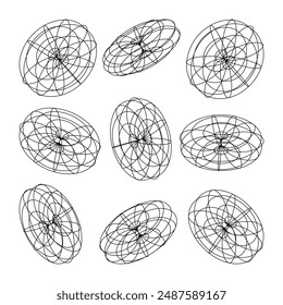 Wireframe lined shapes. Perspective mesh, 3d grid. Low poly geometric elements. Retro futuristic design elements, y2k, vaporwave and synthwave style. Vector illustration