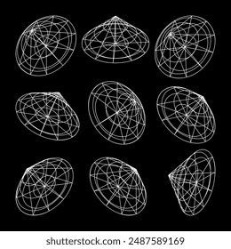 Wireframe lined shapes. Perspective mesh, 3d grid. Low poly geometric elements. Retro futuristic design elements, y2k, vaporwave and synthwave style. Vector illustration