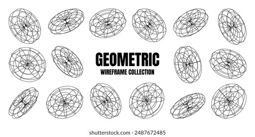 Wireframe lined shapes. Perspective mesh, 3d grid. Low poly geometric elements. Retro futuristic design elements, y2k, vaporwave and synthwave style. Vector illustration