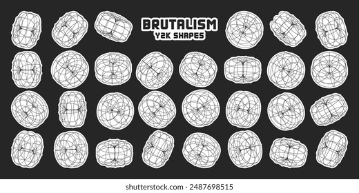 Wireframe lined shapes. Perspective mesh, 3d grid. Modern trendy low poly geometric elements. Retro futuristic design elements, y2k, vaporwave and synthwave style. Vector illustration
