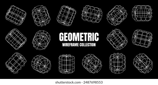 Wireframe lined shapes. Perspective mesh, 3d grid. Low poly geometric elements. Retro futuristic design elements, y2k, vaporwave and synthwave style. Vector illustration