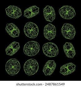 Wireframe lined shapes. Perspective mesh, 3d grid. Modern trendy low poly geometric elements. Retro futuristic design elements, y2k, vaporwave and synthwave style. Vector illustration.