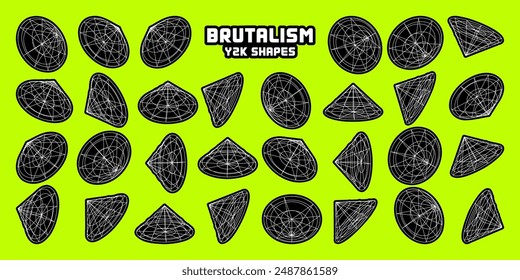 Wireframe lined shapes. Perspective mesh, 3d grid. Modern trendy low poly geometric elements. Retro futuristic design elements, y2k, vaporwave and synthwave style. Vector illustration.