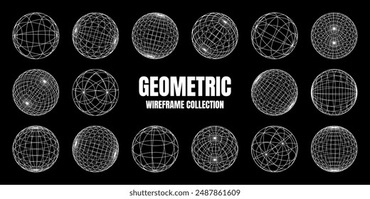 Wireframe lined shapes. Perspective mesh, 3d grid. Modern trendy low poly geometric elements. Retro futuristic design elements, y2k, vaporwave and synthwave style. Vector illustration.