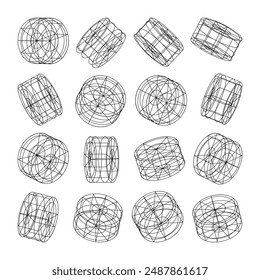 Wireframe lined shapes. Perspective mesh, 3d grid. Modern trendy low poly geometric elements. Retro futuristic design elements, y2k, vaporwave and synthwave style. Vector illustration.