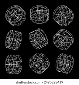 Wireframe lined shapes. Perspective mesh, 3d grid. Low poly geometric elements. Retro futuristic design elements, y2k, vaporwave and synthwave style. Vector illustration