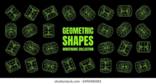 Wireframe lined shapes. Perspective mesh, 3d grid. Low poly geometric elements. Retro futuristic design elements, y2k, vaporwave and synthwave style. Vector illustration