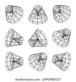 Wireframe lined shapes. Perspective mesh, 3d grid. Low poly geometric elements. Retro futuristic design elements, y2k, vaporwave and synthwave style. Vector illustration