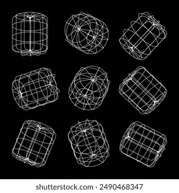 Wireframe lined shapes. Perspective mesh, 3d grid. Low poly geometric elements. Retro futuristic design elements, y2k, vaporwave and synthwave style. Vector illustration