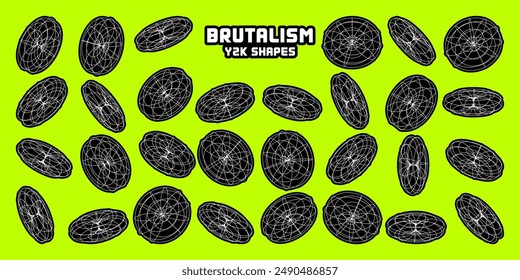 Wireframe lined shapes. Perspective mesh, 3d grid. Modern trendy low poly geometric elements. Retro futuristic design elements, y2k, vaporwave and synthwave style. Vector illustration