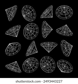 Wireframe lined shapes. Perspective mesh, 3d grid. Low poly geometric elements. Retro futuristic design elements, y2k, vaporwave and synthwave style. Vector illustration