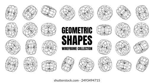 Wireframe lined shapes. Perspective mesh, 3d grid. Low poly geometric elements. Retro futuristic design elements, y2k, vaporwave and synthwave style. Vector illustration