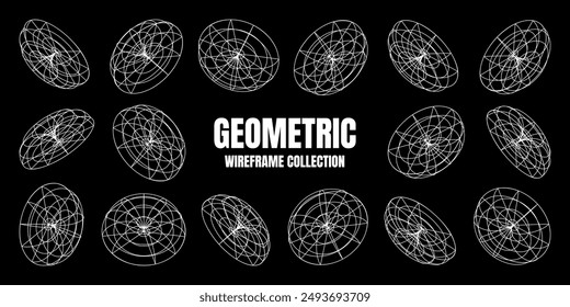 Wireframe lined shapes. Perspective mesh, 3d grid. Low poly geometric elements. Retro futuristic design elements, y2k, vaporwave and synthwave style. Vector illustration