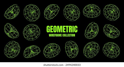 Wireframe lined shapes. Perspective mesh, 3d grid. Low poly geometric elements. Retro futuristic design elements, y2k, vaporwave and synthwave style. Vector illustration.