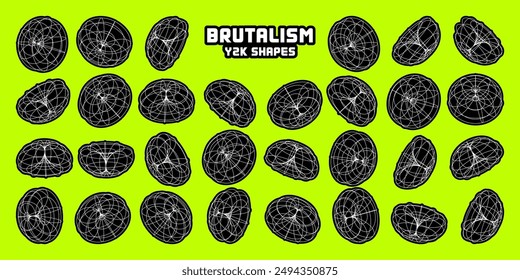 Wireframe lined shapes. Perspective mesh, 3d grid. Modern trendy low poly geometric elements. Retro futuristic design elements, y2k, vaporwave and synthwave style. Vector illustration.