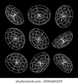 Wireframe lined shapes. Perspective mesh, 3d grid. Low poly geometric elements. Retro futuristic design elements, y2k, vaporwave and synthwave style. Vector illustration