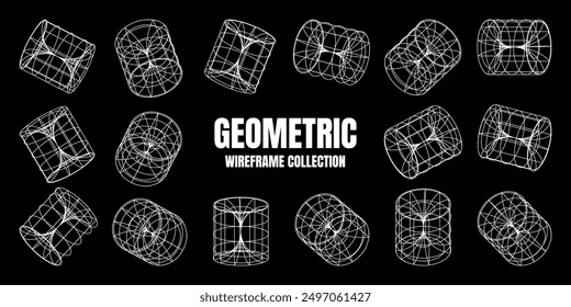 Wireframe lined shapes. Perspective mesh, 3d grid. Low poly geometric elements. Retro futuristic design elements, y2k, vaporwave and synthwave style. Vector illustration