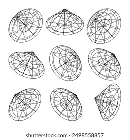 Wireframe lined shapes. Perspective mesh, 3d grid. Low poly geometric elements. Retro futuristic design elements, y2k, vaporwave and synthwave style. Vector illustration